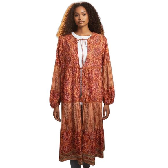 CHELSEA & VIOLET PAISLY ORANGE DUSTER SZ.S EUC. TASSEL TIES. - Picture 1 of 9